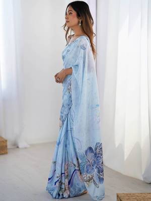 Blue floral sequinned pure chiffon saree 2
