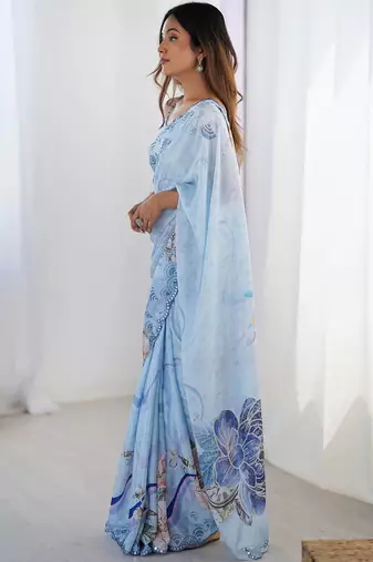 Blue floral sequinned pure chiffon saree