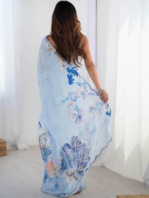 Blue floral sequinned pure chiffon saree 3