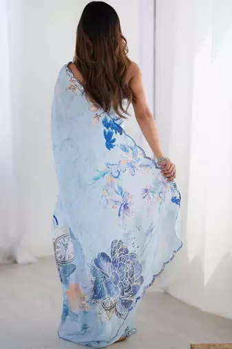 Blue floral sequinned pure chiffon saree