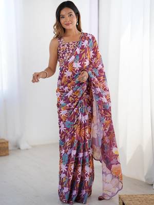 Purple floral mirror work pure chiffon saree 1