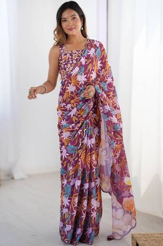 Purple floral mirror work pure chiffon saree