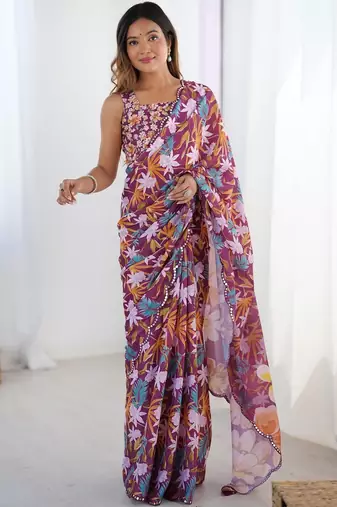 Purple floral mirror work pure chiffon saree
