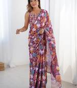 Purple floral mirror work pure chiffon saree
