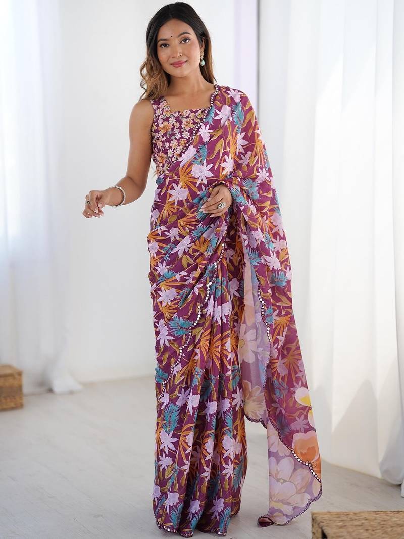 Purple floral mirror work pure chiffon saree