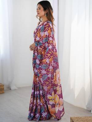 Purple floral mirror work pure chiffon saree 2