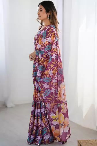 Purple floral mirror work pure chiffon saree