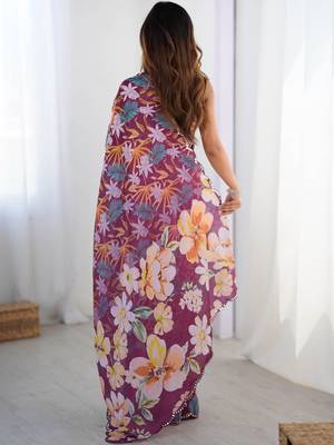 Purple floral mirror work pure chiffon saree 3