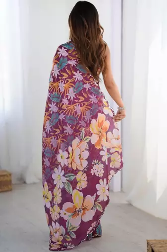 Purple floral mirror work pure chiffon saree