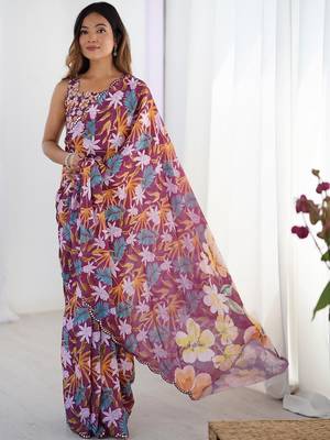 Purple floral mirror work pure chiffon saree 4