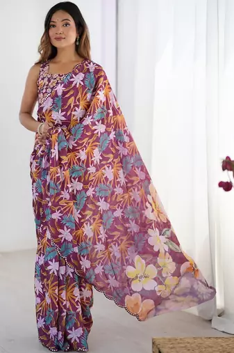 Purple floral mirror work pure chiffon saree