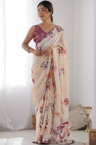 Cream floral mirror work pure chiffon saree