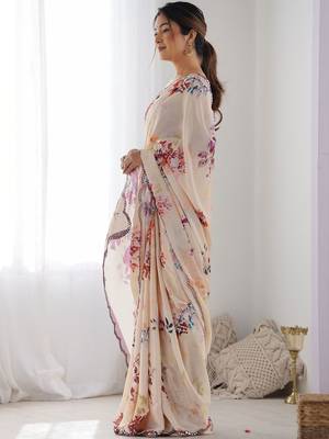 Cream floral mirror work pure chiffon saree 2