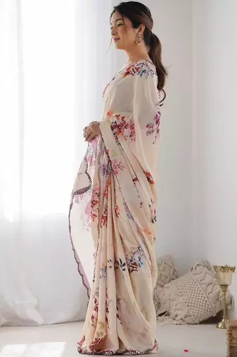 Cream floral mirror work pure chiffon saree