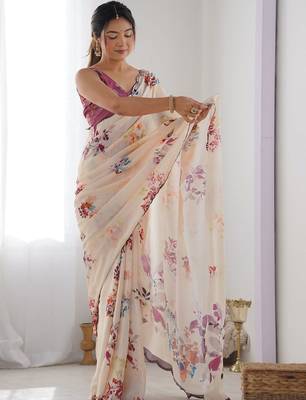 Cream floral mirror work pure chiffon saree 4