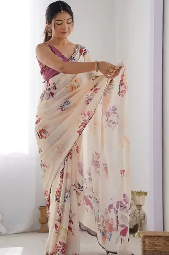 Cream floral mirror work pure chiffon saree
