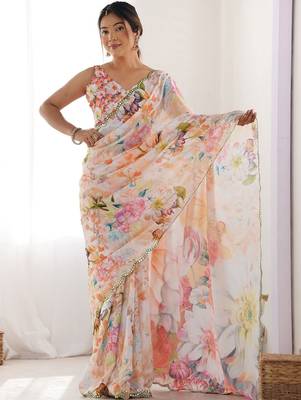 Off white floral sequinned pure chiffon designer saree 1