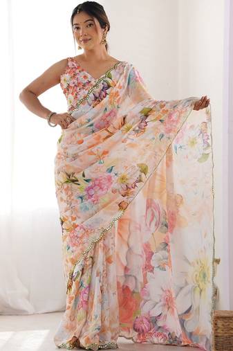 Off white floral sequinned pure chiffon designer saree