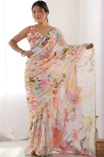 Off white floral sequinned pure chiffon designer saree