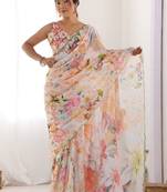 Off white floral sequinned pure chiffon designer saree
