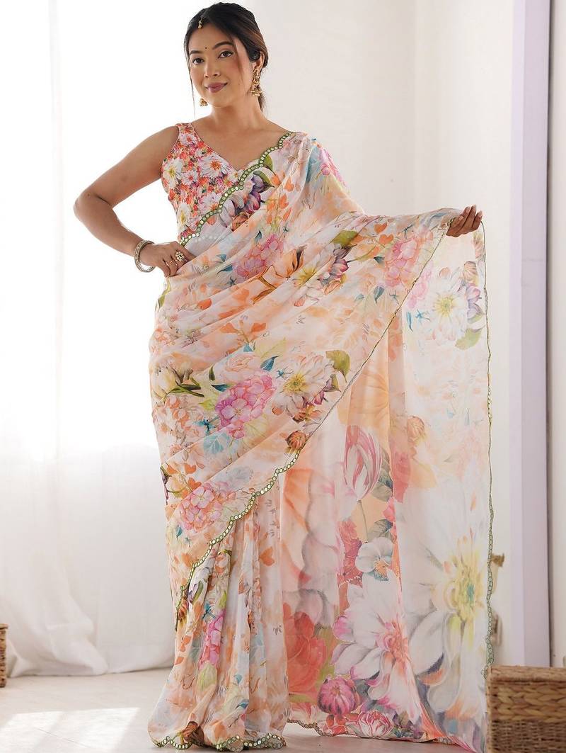 Off white floral sequinned pure chiffon designer saree