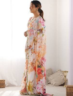 Off white floral sequinned pure chiffon designer saree 2