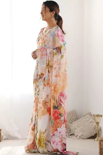 Off white floral sequinned pure chiffon designer saree