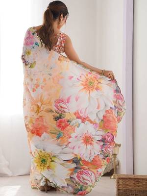 Off white floral sequinned pure chiffon designer saree 3
