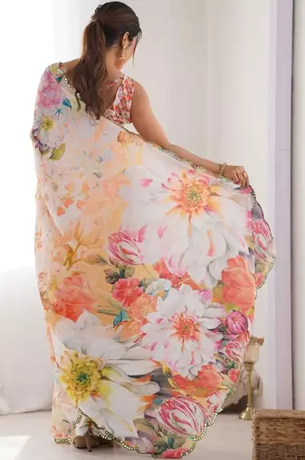 Off white floral sequinned pure chiffon designer saree