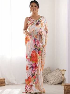 Off white floral sequinned pure chiffon designer saree 4