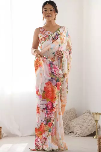 Off white floral sequinned pure chiffon designer saree