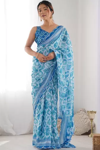 Blue tie and dye mirror work pure chiffon ikat saree