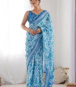 Blue tie and dye mirror work pure chiffon ikat saree