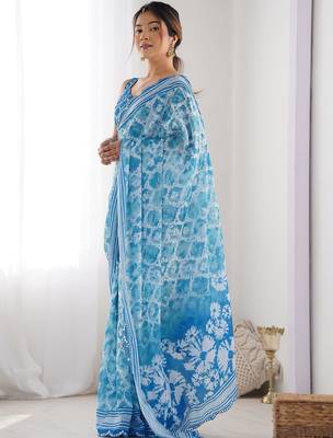 Blue tie and dye mirror work pure chiffon ikat saree 2