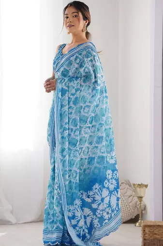 Blue tie and dye mirror work pure chiffon ikat saree