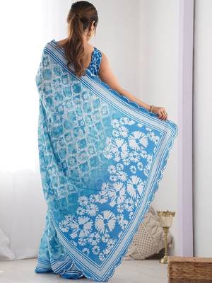 Blue tie and dye mirror work pure chiffon ikat saree 3
