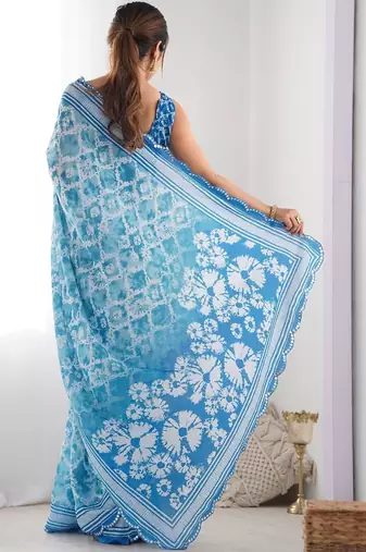 Blue tie and dye mirror work pure chiffon ikat saree