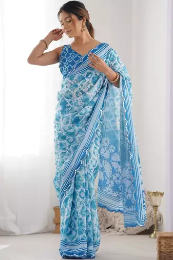 Blue tie and dye mirror work pure chiffon ikat saree