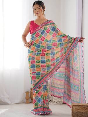 Pink ethnic motifs mirror work pure chiffon saree 1
