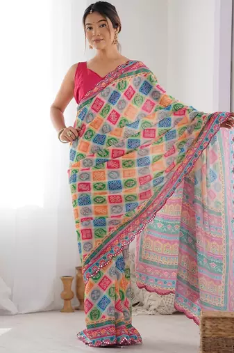 Pink ethnic motifs mirror work pure chiffon saree