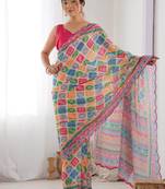 Pink ethnic motifs mirror work pure chiffon saree