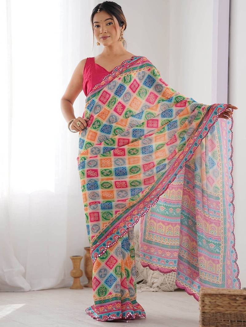 Pink ethnic motifs mirror work pure chiffon saree