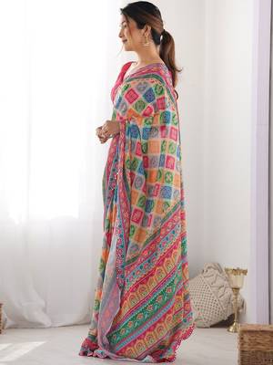 Pink ethnic motifs mirror work pure chiffon saree 2