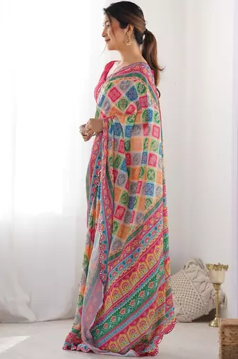 Pink ethnic motifs mirror work pure chiffon saree