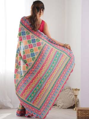 Pink ethnic motifs mirror work pure chiffon saree 3