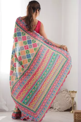 Pink ethnic motifs mirror work pure chiffon saree