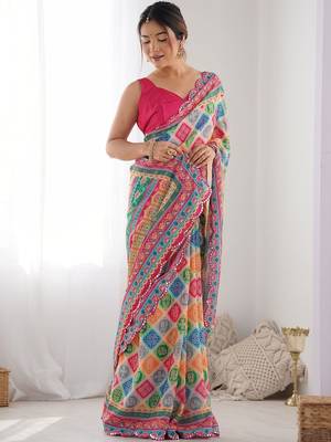Pink ethnic motifs mirror work pure chiffon saree 4
