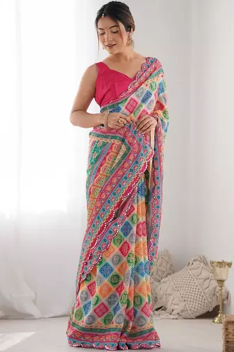 Pink ethnic motifs mirror work pure chiffon saree