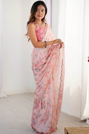 Peach floral pure chiffon ikat saree