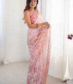 Peach floral pure chiffon ikat saree